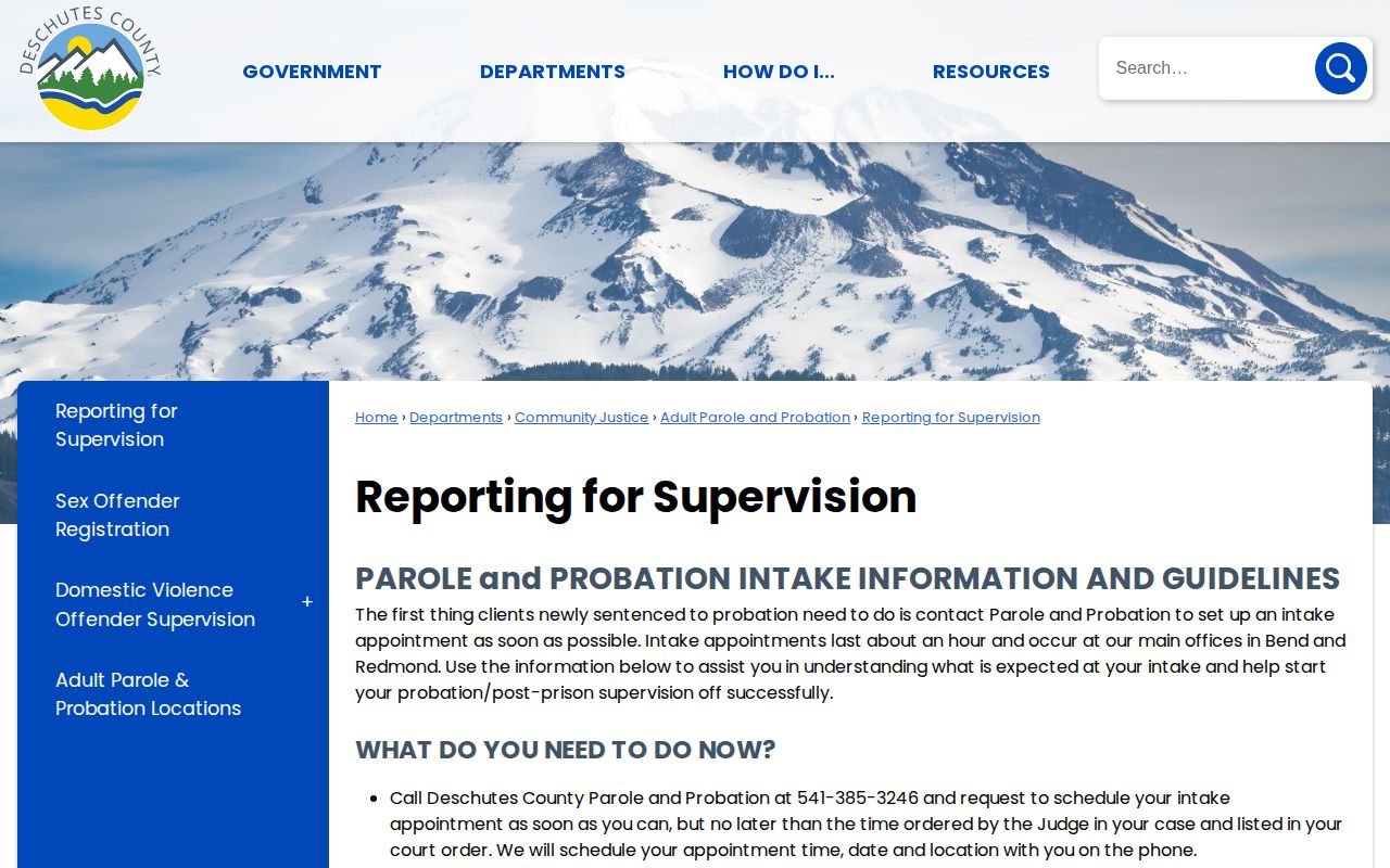 Deschutes County parole and probation intake reporting details