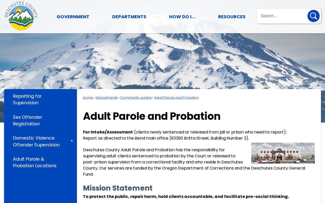 Deschutes County parole and probation local supervision office page
