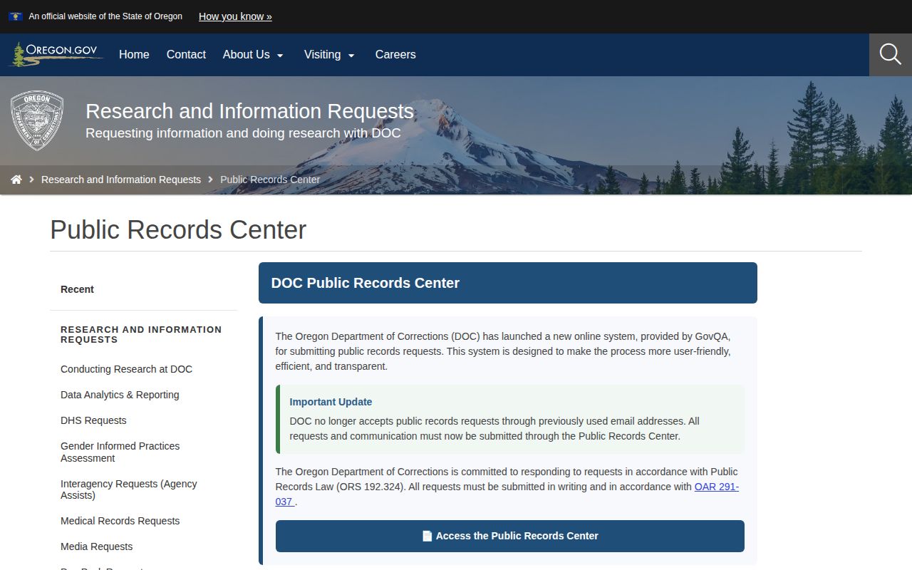 Oregon DOC photo and discharge record request for a Deschutes County transfer