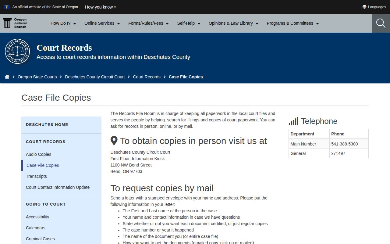 Deschutes County court record copy options after release